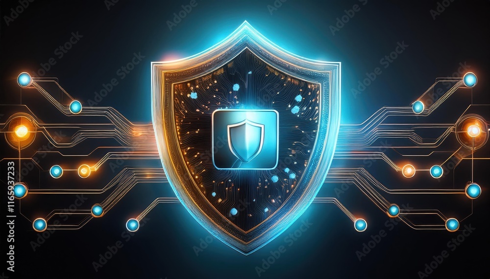 Poster a glowing shield symbolizing digital security with circuit-like patterns in the background, represen