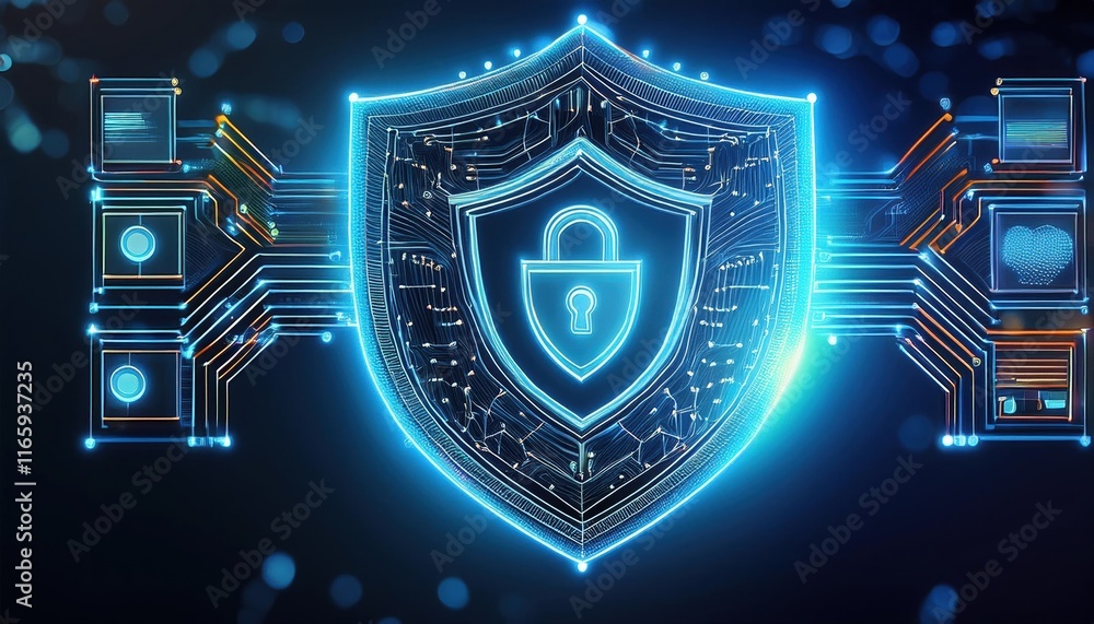 Poster a glowing digital shield symbolizing cybersecurity, featuring a padlock and circuit patterns, repres