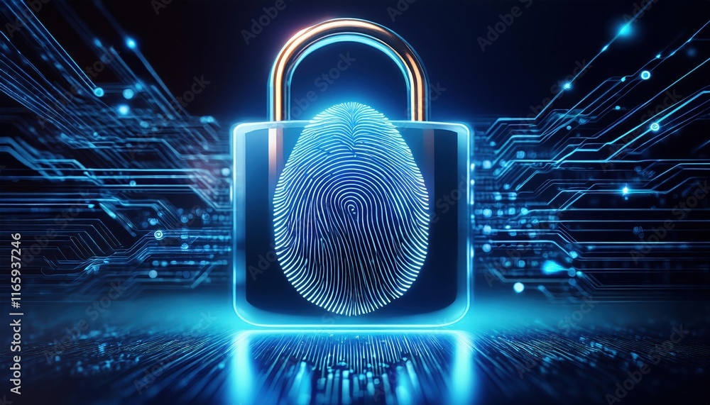 Poster a digital padlock with a fingerprint symbolizes biometric security in a tech-driven world.