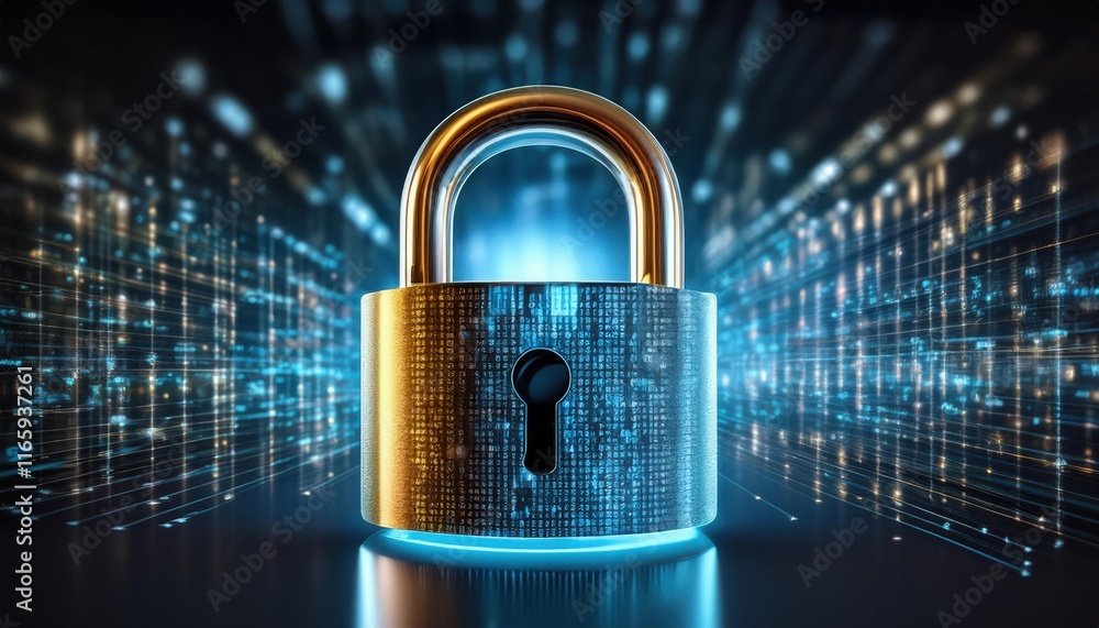Poster a glowing padlock symbolizes digital security amidst a backdrop of binary code and data streams, rep
