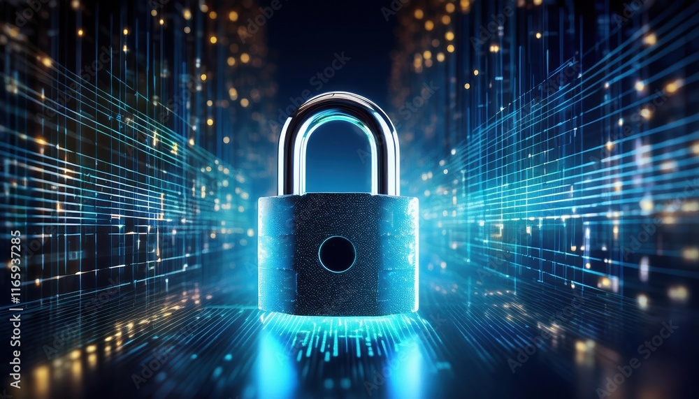 Poster a digital padlock surrounded by glowing data streams, symbolizing cybersecurity and protection in a 