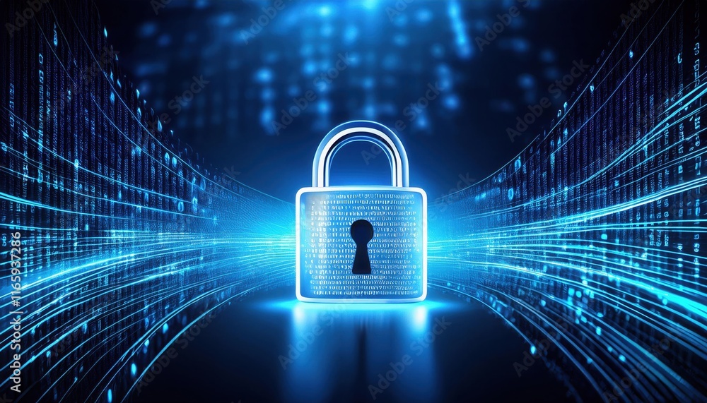 Poster a glowing digital padlock surrounded by flowing binary code, symbolizing cybersecurity and data prot