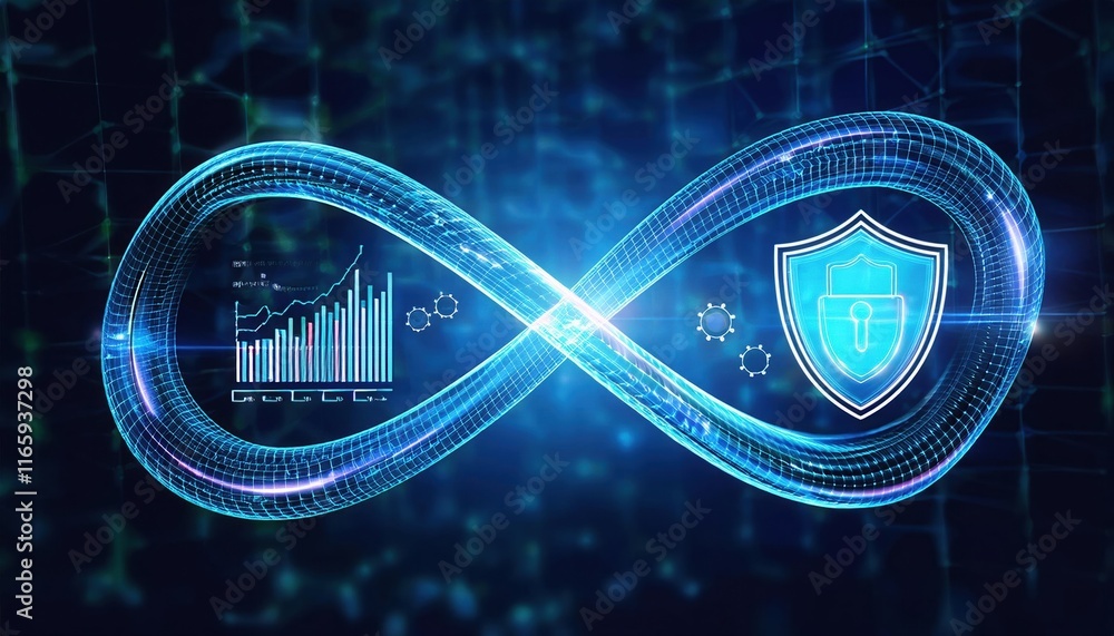 Poster a digital illustration depicting an infinity symbol connecting data analytics and cybersecurity elem