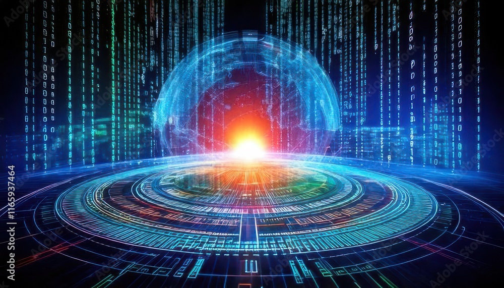 Poster a vibrant digital landscape featuring a glowing core surrounded by binary data, symbolizing technolo