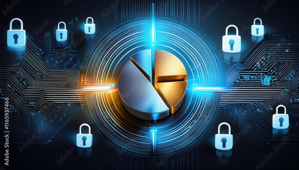 Poster a visual representation of cybersecurity, featuring a split disk and padlocks, symbolizing data prot