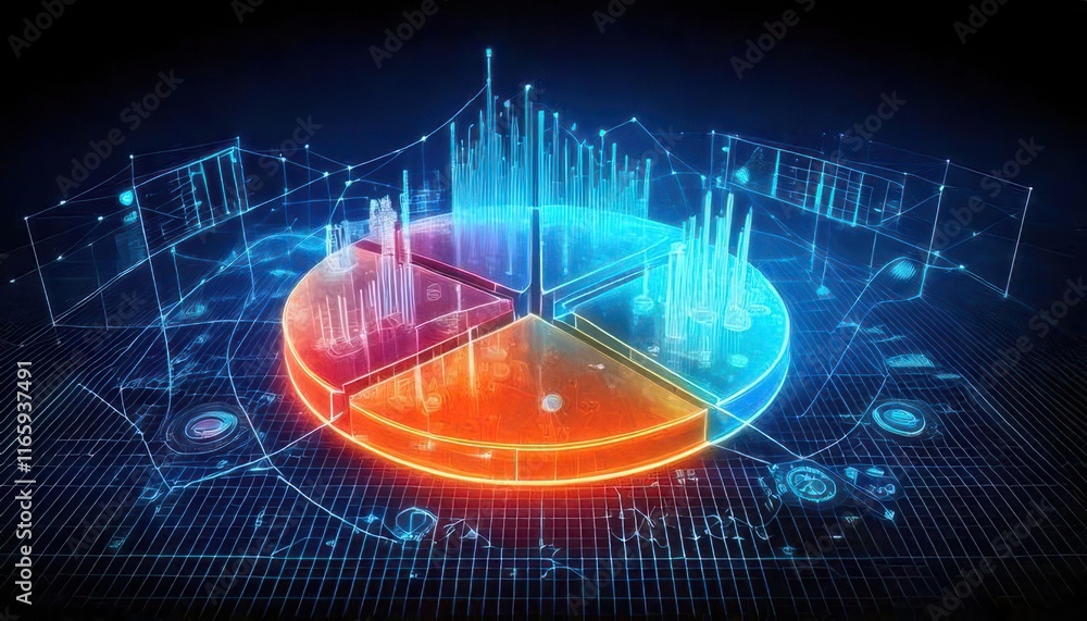 Poster a vibrant digital pie chart with animated data visualizations, showcasing colorful segments and dyna
