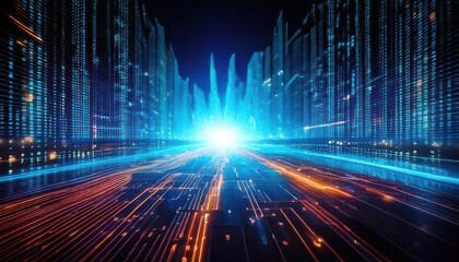 Fototapeta premium A vibrant, futuristic landscape featuring bright light beams and digital data streams, conveying a sense of speed and technology.