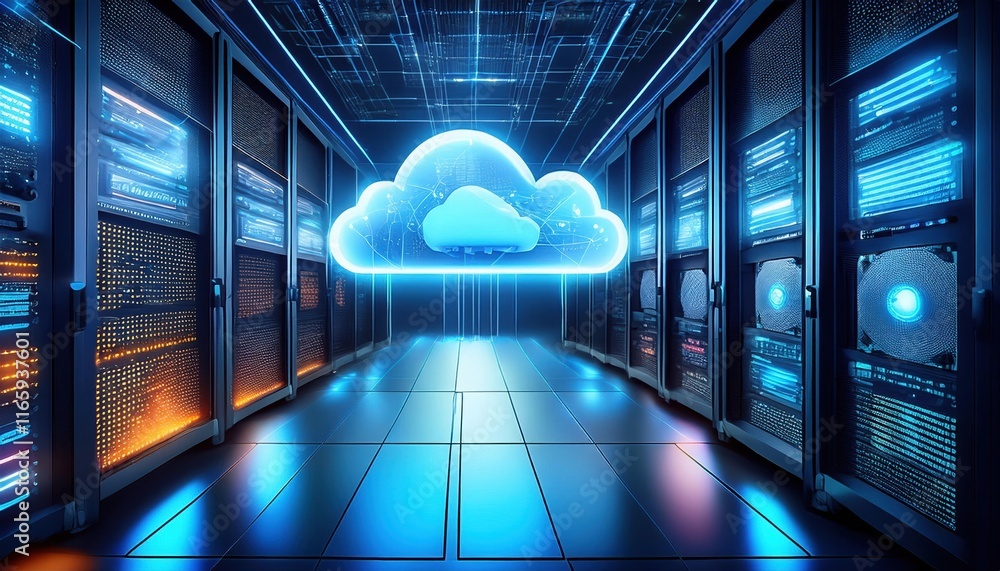 Poster a futuristic data center featuring glowing server racks and a prominent cloud symbol, representing c
