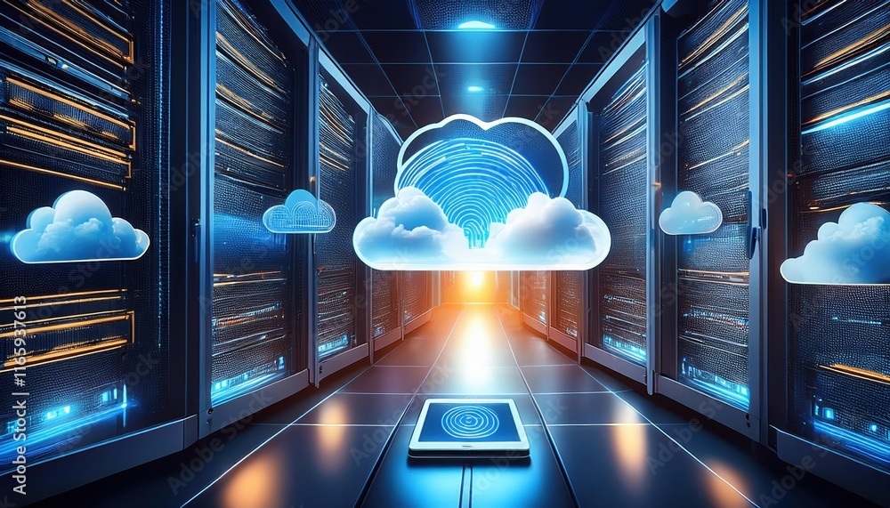 Poster a futuristic data center with glowing servers and cloud icons, symbolizing cloud computing and data 