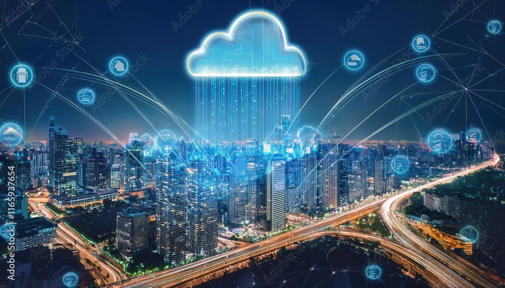 Aufkleber a futuristic cityscape illuminated at night, featuring a prominent cloud icon with data streams, rep