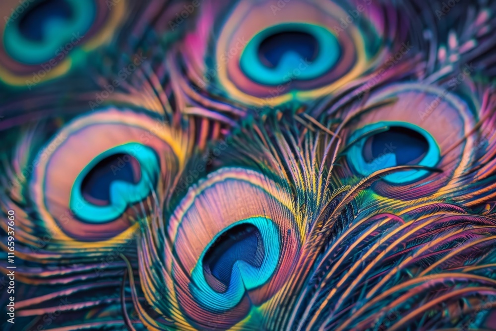 Poster a mesmerizing view of peacock feathers showcases a blend of colors and patterns, revealing the intri