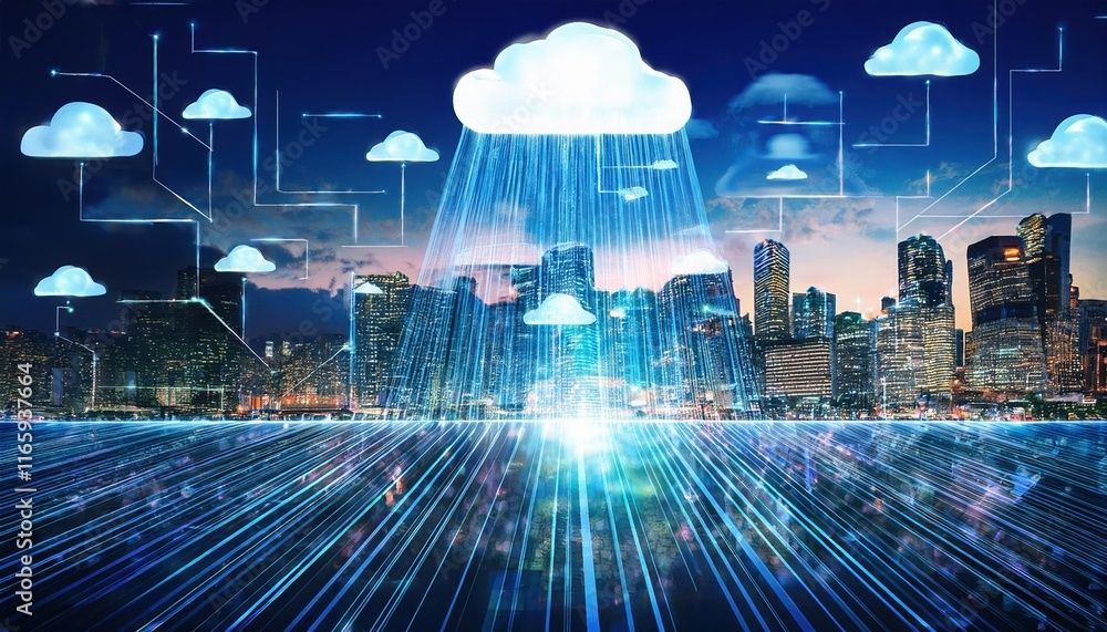 Poster a futuristic city skyline with digital clouds and data streams, symbolizing technology and connectiv