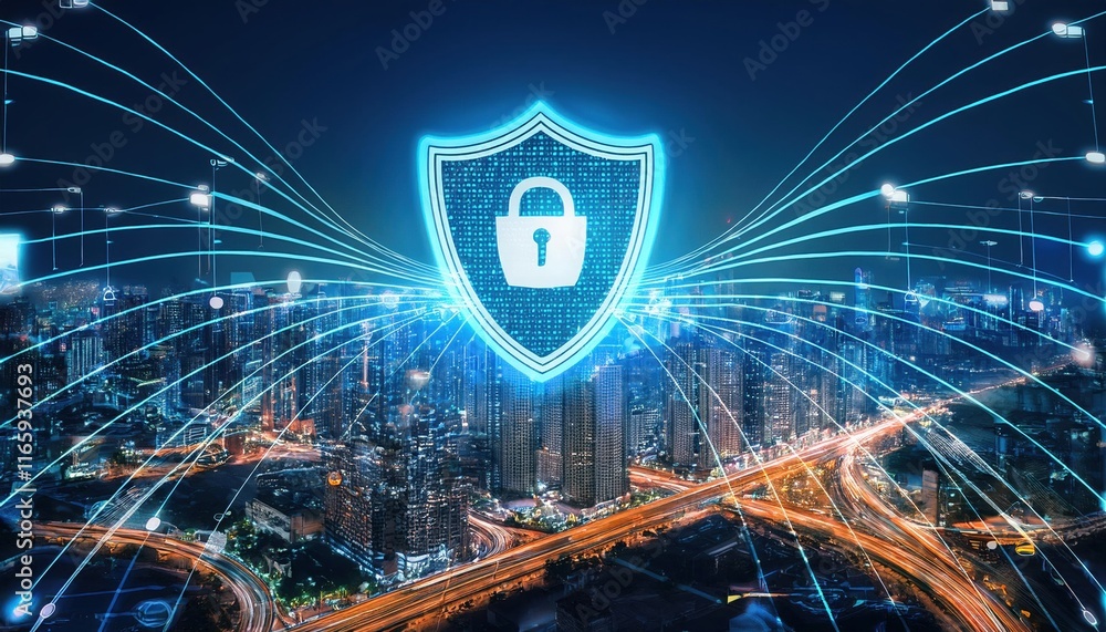 Poster a digital representation of cybersecurity, featuring a shield with a lock symbol, surrounded by inte