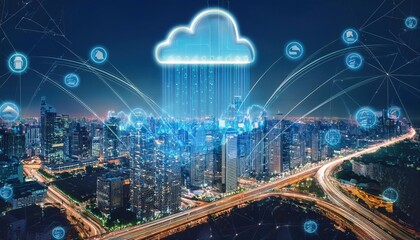 Fototapeta premium A futuristic cityscape illuminated at night, featuring a prominent cloud icon with data streams, representing cloud computing and connectivity.