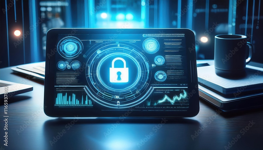 Poster a tablet displays a digital lock symbol, emphasizing cybersecurity, with graphs and data analysis in