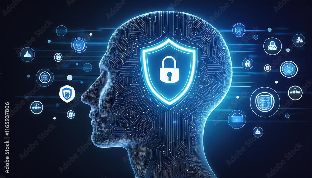 Poster a digital representation of a human head with a shield symbolizing security, highlighting concepts o