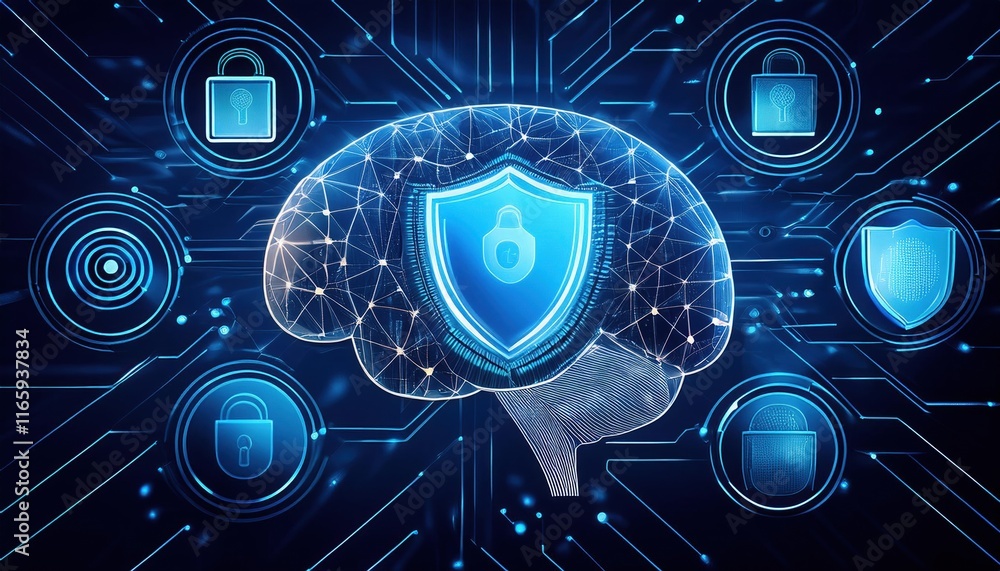 Poster a digital brain with a shield symbolizes cybersecurity, featuring locks and protection icons in a te