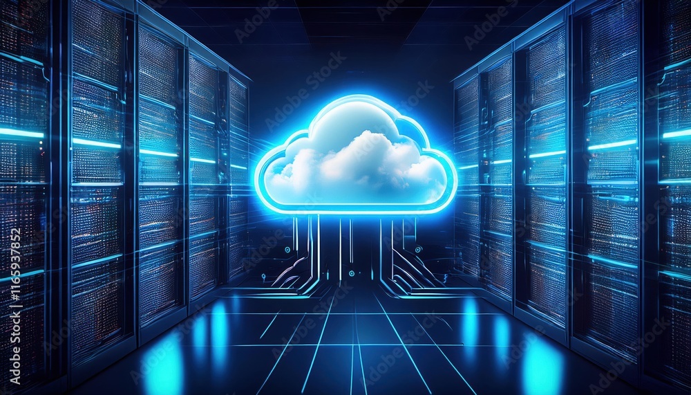 Poster a futuristic data center with glowing cloud graphics, symbolizing cloud computing and data storage t