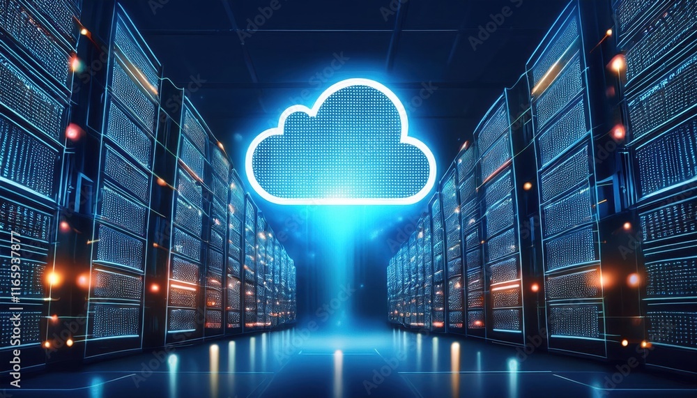 Poster a futuristic data center featuring rows of servers with a glowing cloud symbol, representing cloud c