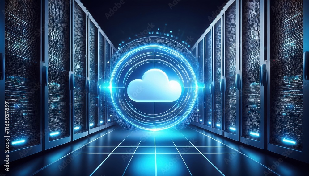 Poster a futuristic data center featuring a glowing cloud interface, symbolizing cloud computing and digita
