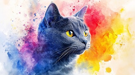 Artistic portrait of a gray cat with striking yellow eyes, surrounded by a vibrant splash of colors.