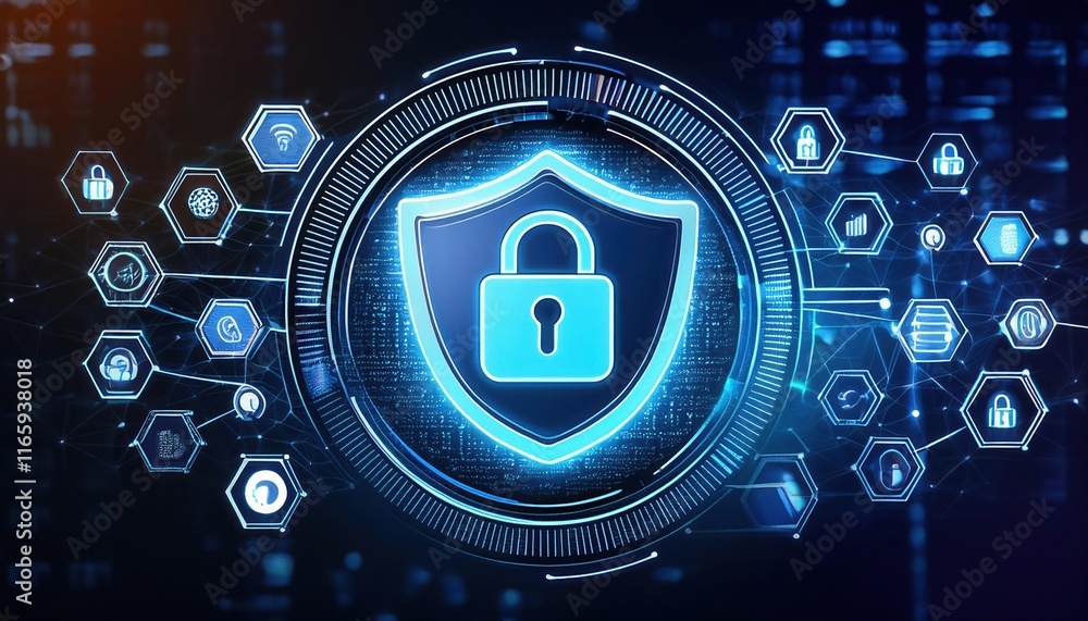Poster a digital security shield with a padlock symbolizes cybersecurity and data protection in a high-tech