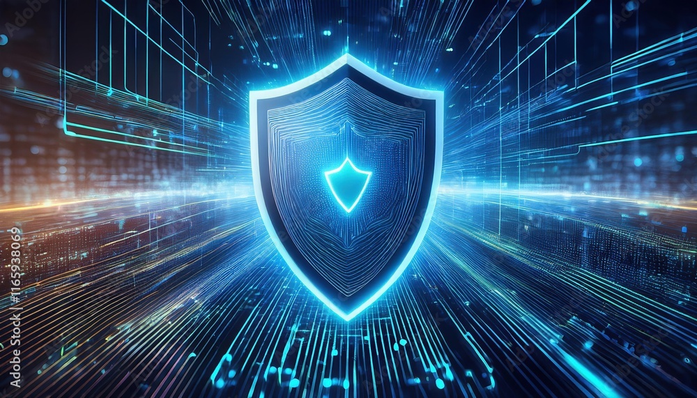 Poster a glowing shield symbolizing digital security amidst a backdrop of vibrant data streams and circuitr