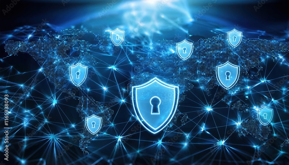 Poster a digital world map featuring glowing shields symbolizes cybersecurity and data protection.
