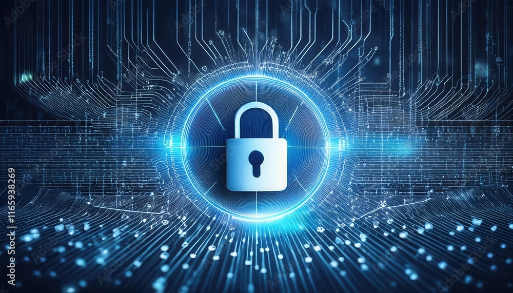 Poster a digital padlock symbolizes cybersecurity within a network of glowing data lines, representing prot