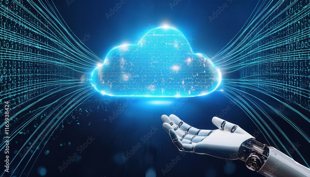 Poster a digital illustration of a robotic hand reaching towards a glowing cloud symbol, representing cloud