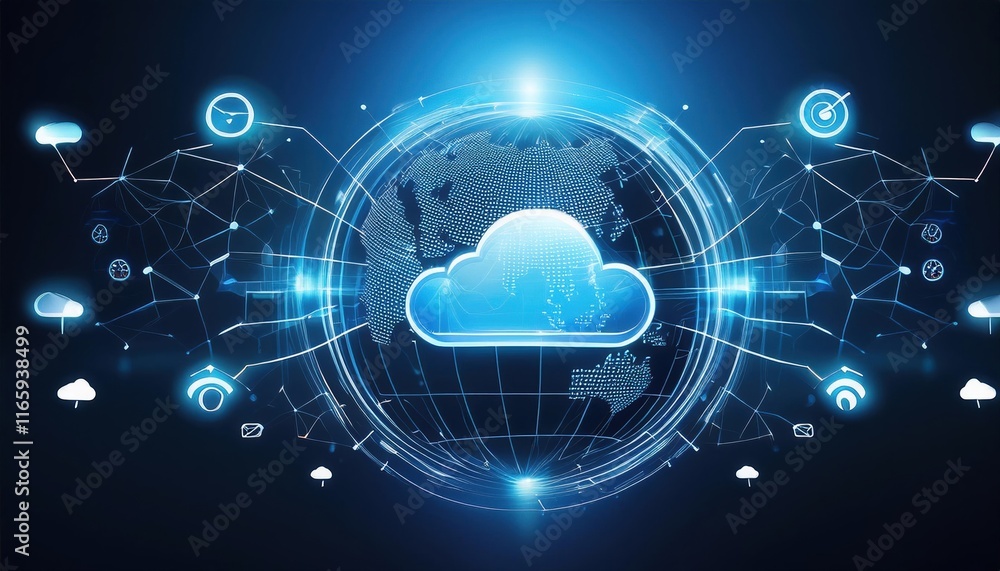 Poster a digital illustration showcasing a glowing cloud icon surrounded by interconnected data points, sym