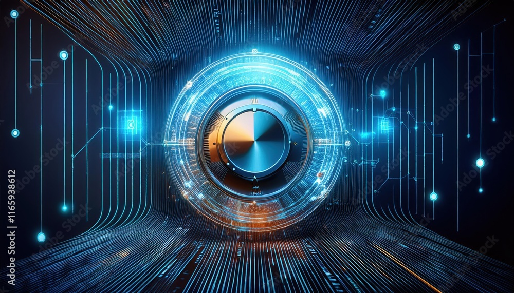 Poster a futuristic digital design featuring a circular motif with glowing elements and a matrix-like backg