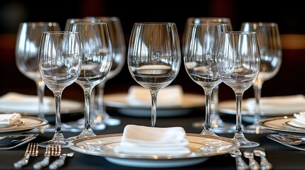 Elegant table setting with empty wine glasses.