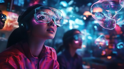 Young women wearing VR headsets, exploring a virtual world with holographic projections.