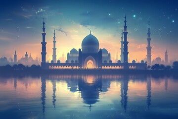 Fototapeta premium Majestic Mosque Silhouette at Sunset Reflecting on Calm Water
