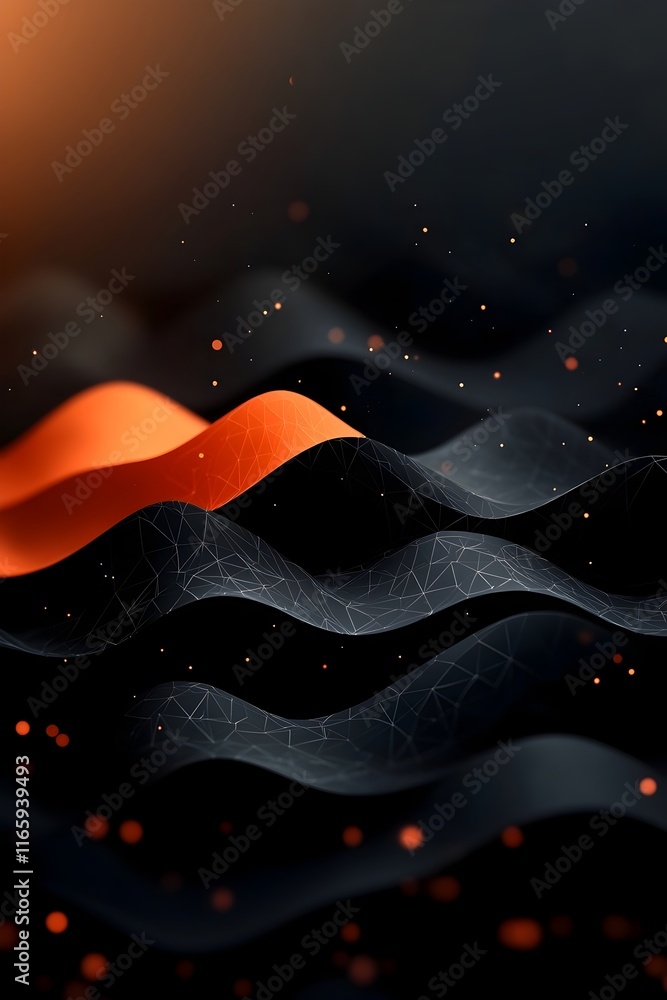 Poster futuristic digital backdrop showcasing nested polygon structures undulating data waves and digital b