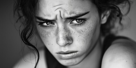 A striking black and white image capturing a woman's intense emotions.