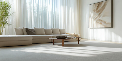 Modern Minimalist Living Room with Large Windows and Beige Sofa, Natural View