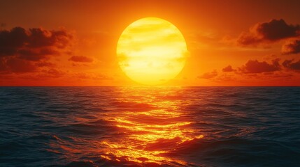 Fiery sunset over calm ocean.