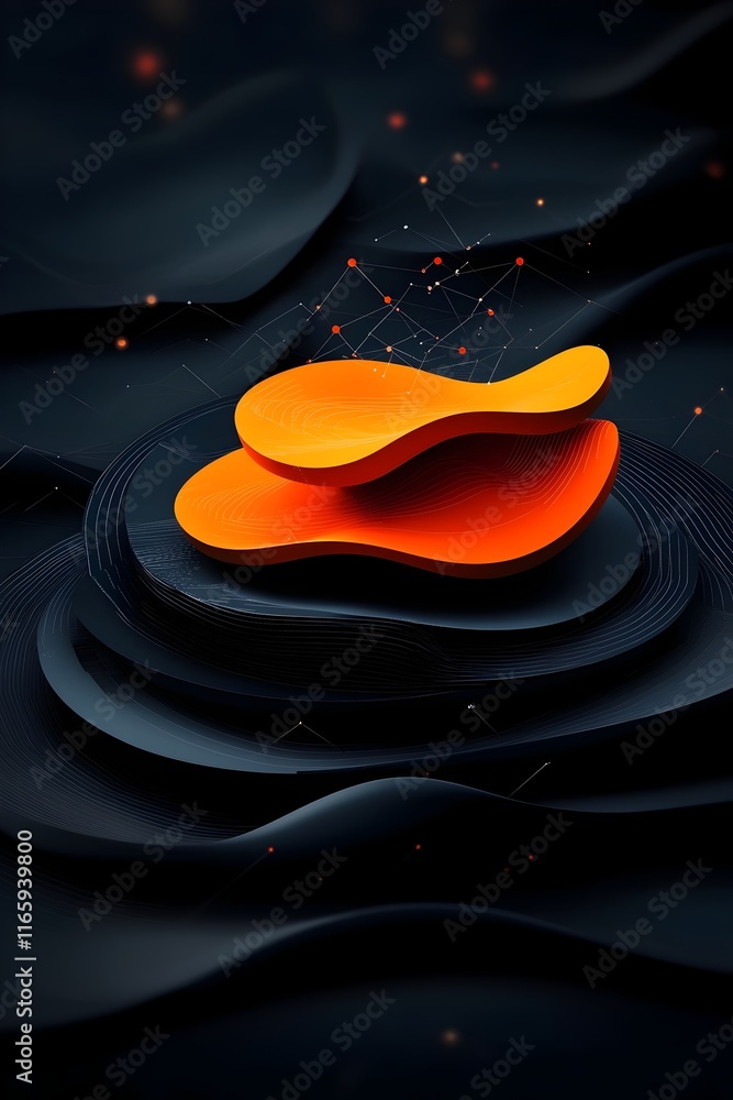 Poster futuristic digital backdrop with nested polygon structures undulating data waves and muted atmospher