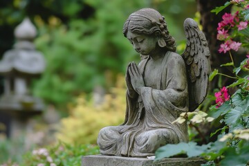 Fototapeta premium A serene angel statue with folded hands nestled in lush plants, symbolizing peace and spirituality.