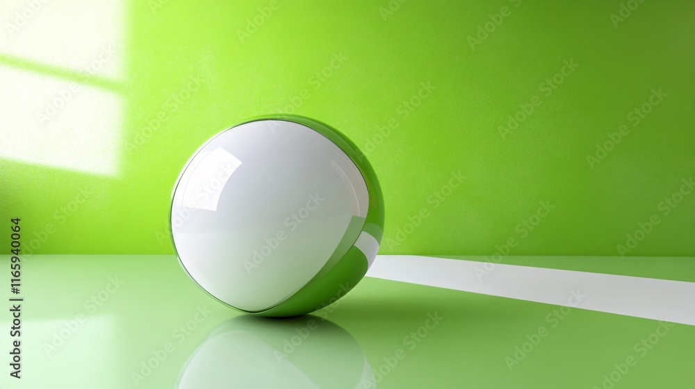 Poster a glossy green and white sphere resting on a vibrant green surface, casting a soft shadow and reflec