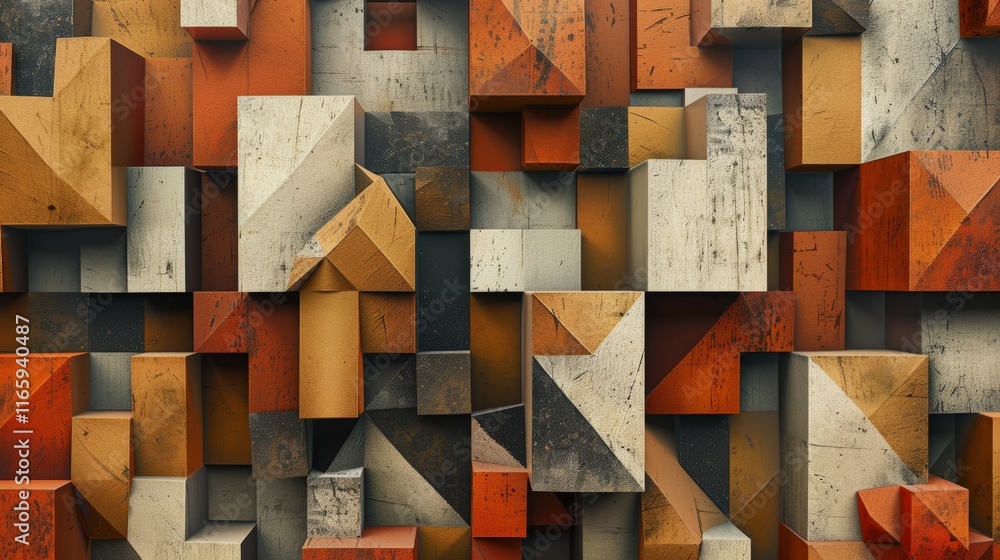 Aufkleber wooden and concrete blocks of various shapes and warm colors creating a beautiful geometric pattern,