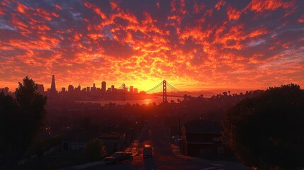 Fototapeta premium Fiery sunset over cityscape and bridge.