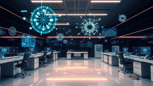 Futuristic Office Space With Holographic Data Displays