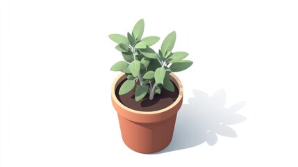 Obraz premium Low-poly 3D rendering of a sage plant in a terracotta pot.