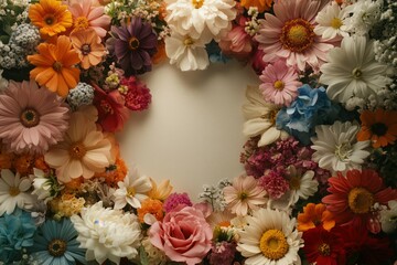 A frame of vibrant flowers on a color background with ample space for a greeting card
