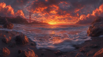 Fiery sunset over ocean waves crashing on rocky shore, bridge in background.