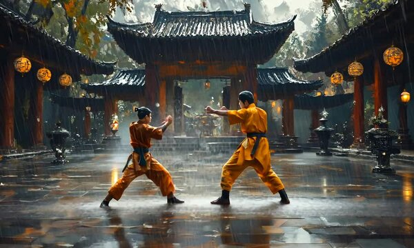 Two martial artists in orange robes sparring in a rain-soaked courtyard of a Chinese temple.