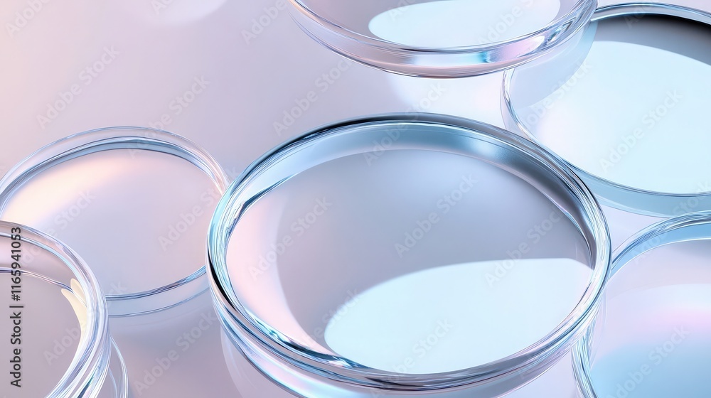 Poster glass circle shapes with refractive and reflective properties, abstract design, 3d render